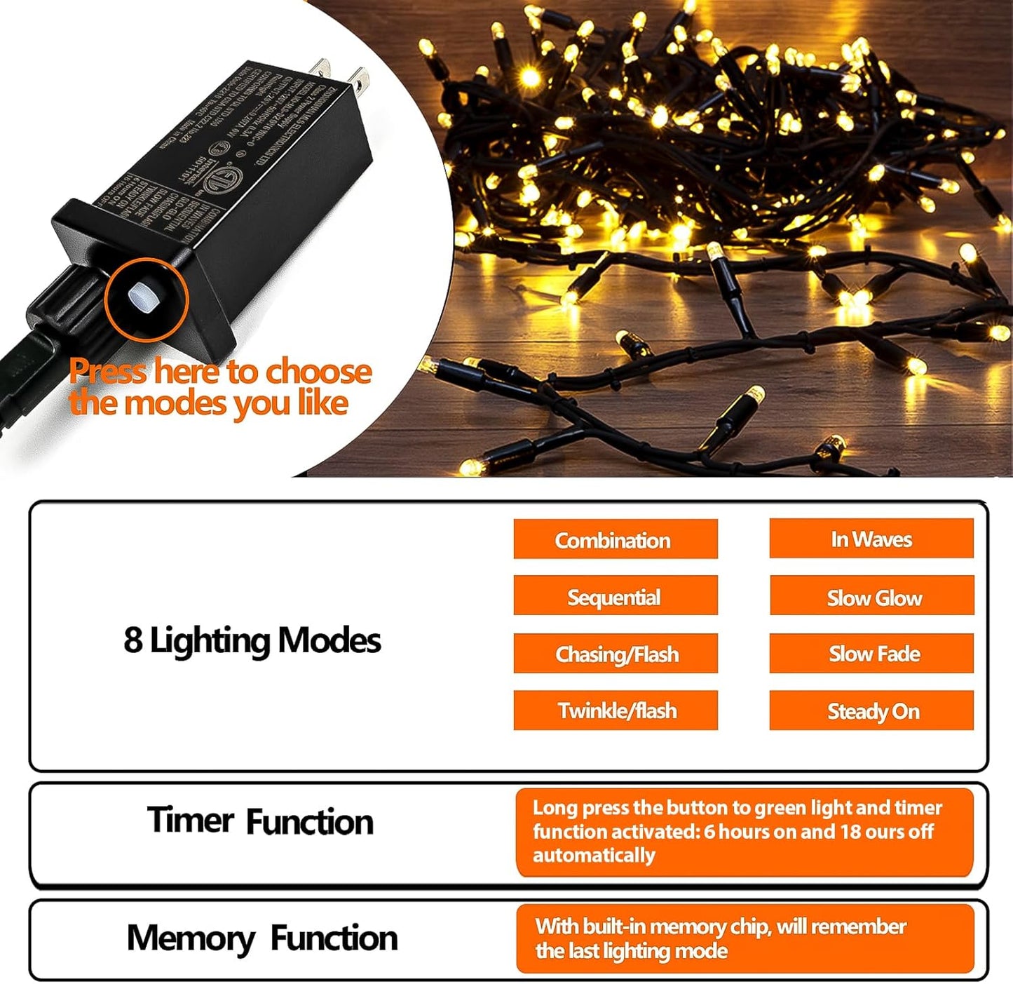 Upgraded 82FT 200 LED Christmas String Lights Outdoor/Indoor (Extendable Green Wire, Ultra-Bright with 8 Modes, UL Certified), Fairy String Lights for Xmas Tree Holiday Party Decoration, Warm White
