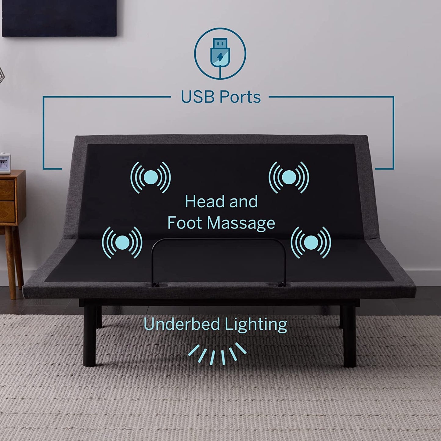 L600 Adjustable Bed Base Frame - with Massage Features - Bluetooth Compatible with Companion App - Head and Foot Incline - under Bed Lighting - Dual USB Charging Stations - Twin XL