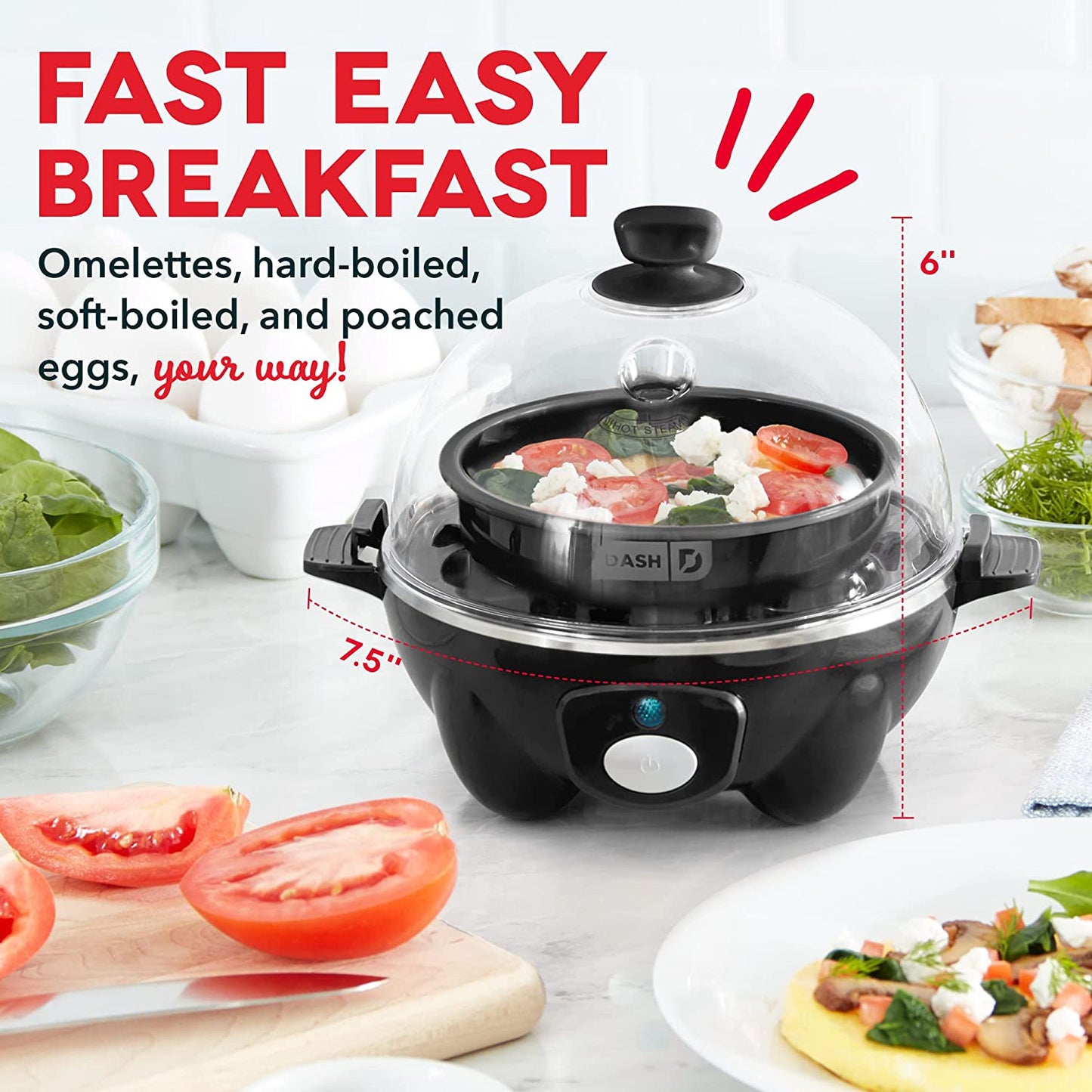 Rapid Egg Cooker: 6 Egg Capacity Electric Egg Cooker for Hard Boiled Eggs, Poached Eggs, Scrambled Eggs, or Omelets with Auto Shut off Feature - Black (DEC005BK)