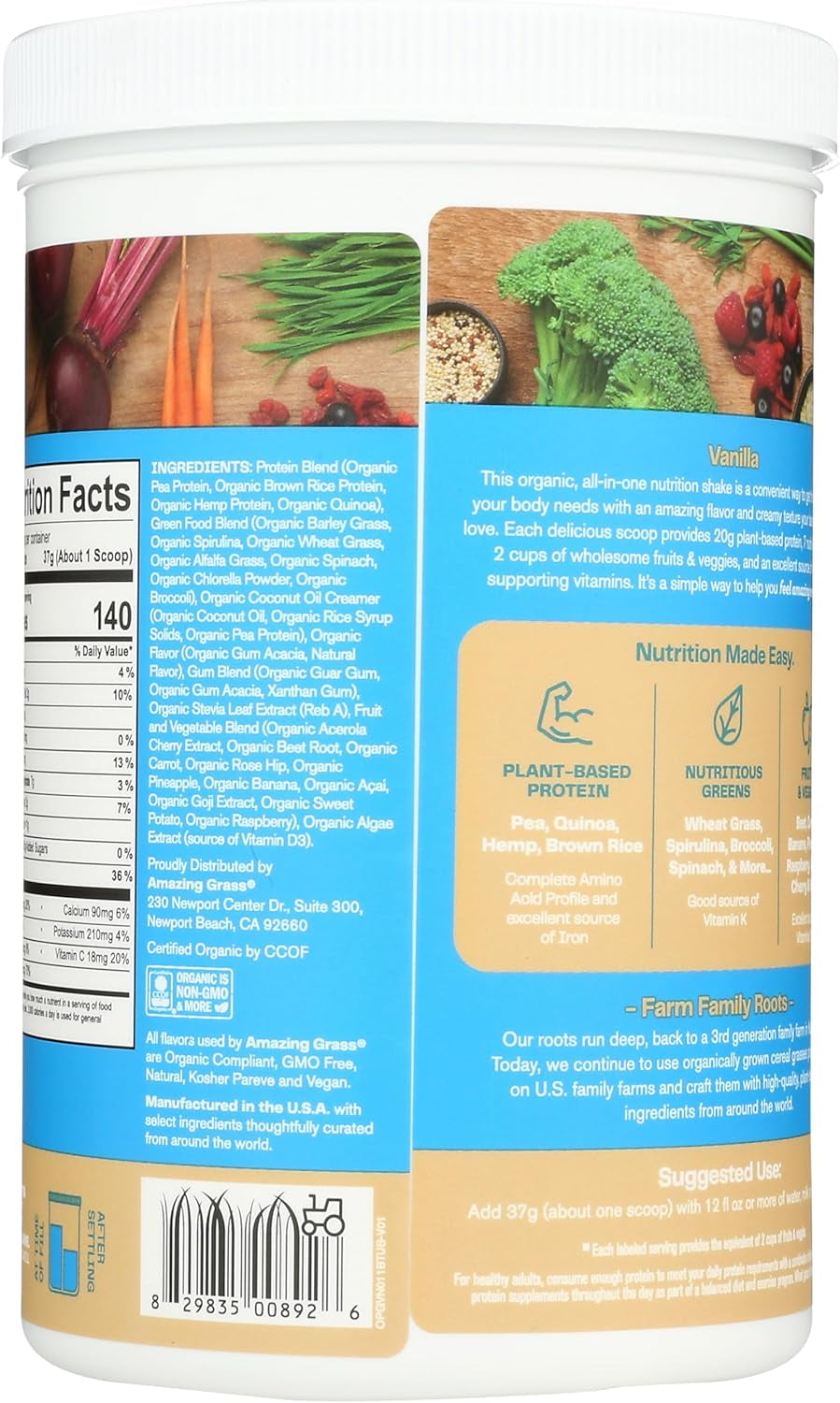 Organic Plant Protein Blend: Vegan Protein Powder, All-In-One Nutrition Shake with Beet Root, Pure Vanilla, 11 Servings